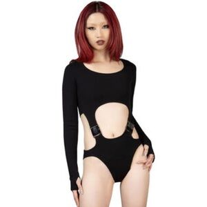 KILLSTAR GOTH INDUSTRIAL Mutation Longsleeve Buckle Bodysuit in Black US XL